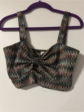 Coveted Retro Bow Chevron Knit Zigzag Crop Top Bralette Bra Size Medium